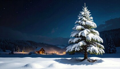 Enchanting Winter Night Landscape with a Majestic Snow-Covered Christmas Tree and a Warm, Illuminated Cabin in the Distance, Under a Star-Filled Sky