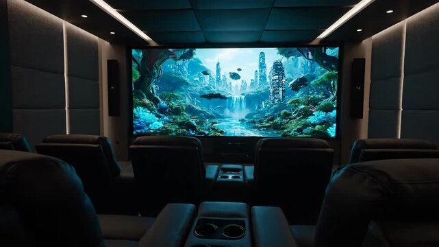 Immersive home theater with a large screen displaying a futuristic underwater city.