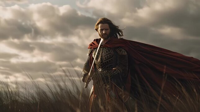 Brave Knight Standing in Field Under Dramatic Sky with Clouds with ai generated