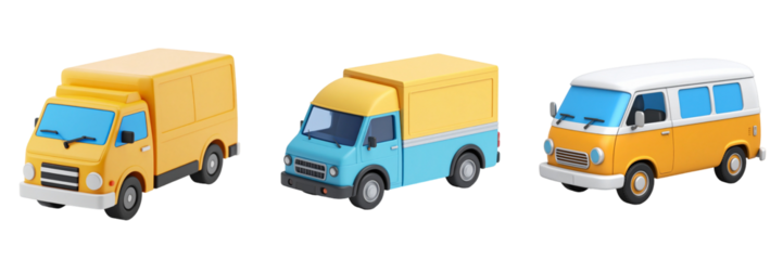 Colorful Miniature Vehicles Displayed Against a Transparent Background Illustrating Transportation and Delivery Concepts