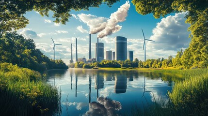 Industrial transformation wind and smoke scenic riverbank nature landscape urban environment reflective viewpoint