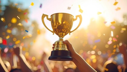 A triumphant moment of victory as a champion lifts a golden trophy high above a cheering crowd with confetti falling