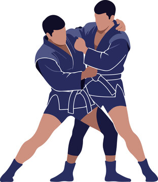 Two Men Grappling in Blue Sambo Uniforms Minimalist Vector Illustration