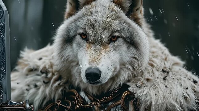 Majestic Wolf Holding Sword in Enchanting Snowy Forest Setting with ai generated