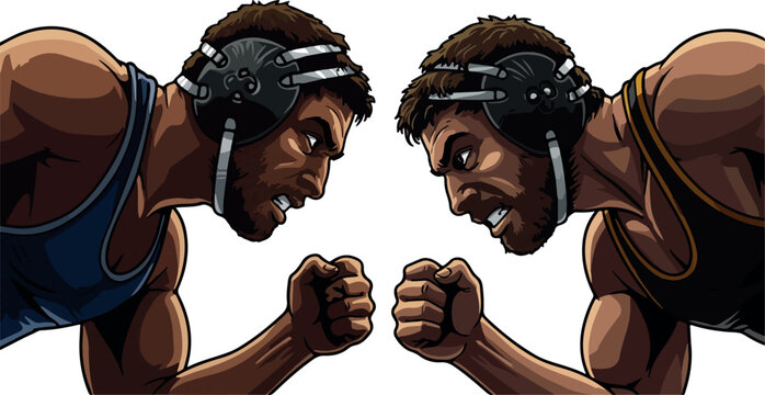 Two Pixel Art Wrestlers Confronting Intense Match Blue Yellow Singlets