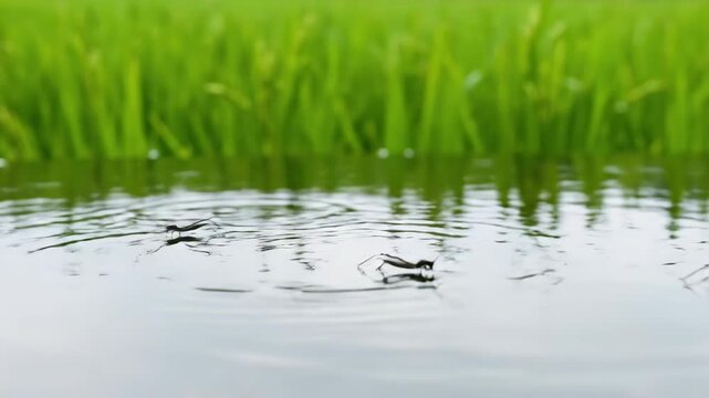 Water striders glide effortlessly across the calm surface of a pond, reflecting the vibrant green rice paddies in the background.