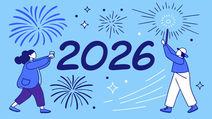 Illustration of people celebrating with fireworks and drinks for the year two thousand twenty six