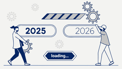 People moving gears for loading bar with 2025 and 2026 dates and loading indicator on a white background