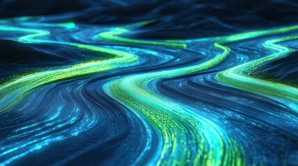 Flowing neon stream abstract landscape digital art vibrant colors serene environment conceptual design