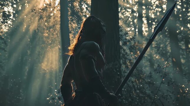 Mighty Warrior in Majestic Forest with Spear Under Dramatic Light with ai generated