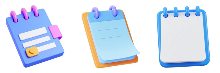Collection Of 3D Rendered Notebooks And Calendars With Blue Pink And Orange Accents Against A Transparent Background