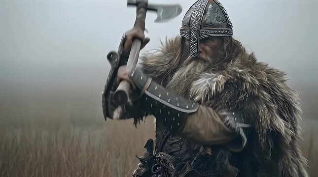 Majestic Viking Warrior in Foggy Landscape with Ancient Weaponry with ai generated