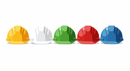 Vector illustration set of colorful construction helmets — yellow, white, green, red, and blue