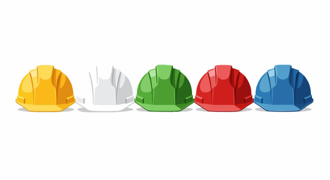 Vector illustration set of colorful construction helmets &mdash; yellow, white, green, red, and blue