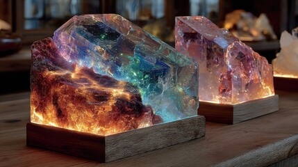 Stunning illuminated crystal sculptures glowing with vibrant colors and cosmic beauty