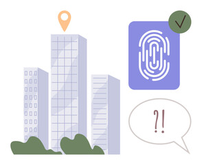 Tall office buildings surrounded by green bushes, orange location pin, purple fingerprint, green checkmark, and speech bubble with question marks. Ideal for technology, security, location