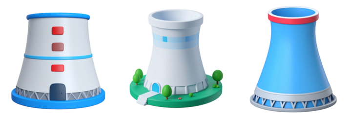 Three Dimensional Renderings of Industrial Towers with Varied Colors and Designs against a Transparent Background
