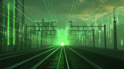 Electric green light show train tracks digital art futuristic environment wide view technology concept