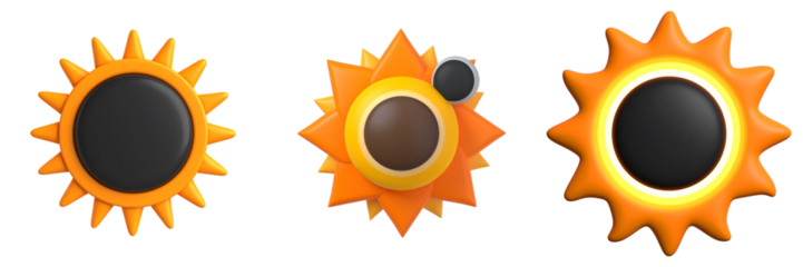 Stylized Solar Eclipses Illustrations Against Transparent Background Featuring Vibrant Orange And Yellow Hues With Dark Circular Centers