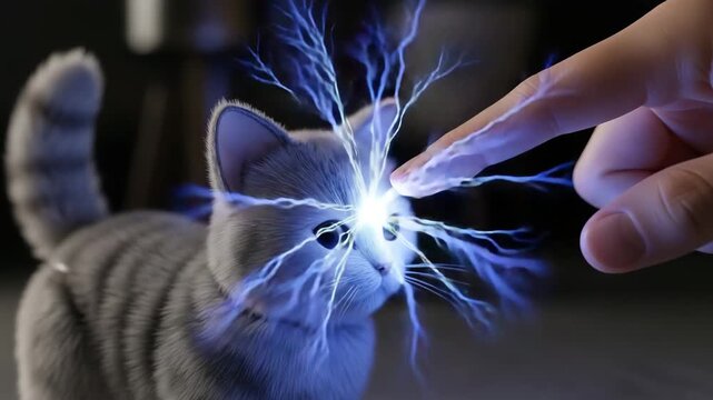 A playful concept of a cat with electric energy coming from its head