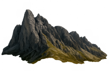 Rock mountain peak with rugged texture and green patches, isolated on a transparent background
