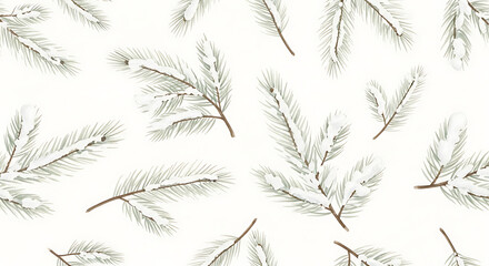 White background with scattered snow-covered evergreen branches, seasonal winter design.