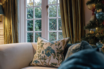 Cozy traditional living room decorated for Christmas holiday season with festive tree and decorative pillow on sofa