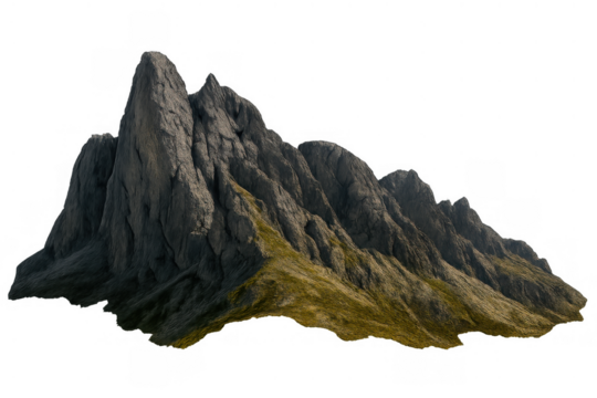 Rock mountain peak with rugged texture and green patches, isolated on a transparent background