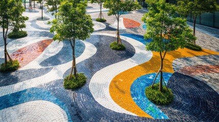 Artistic tiles crafted from recycled ocean plastics, decorating an urban plaza  