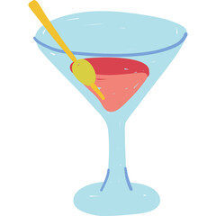 Stylized Martini Glass With Red Liquid Garnished With Green Olive And Yellow Stick On Transparent Background