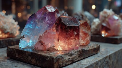 A Stunning Display of Glowing Crystals on a Stone Surface with Vibrant Colors