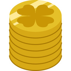 Stack of golden coins with a cloverleaf symbol representing luck and wealth against a transparent background