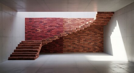 Empty square room with Colorful Brick Staircase Ascending in Architectural Background, Red brick stairs ascend through interior architecture.