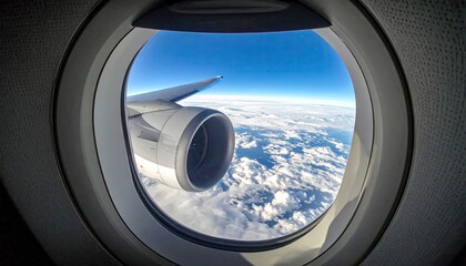 View Through Airplane Window At Sunrise Showing Clouds And Jet Engine With Wing