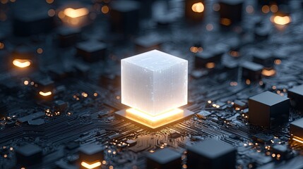 Glowing digital cube on futuristic circuit board representing artificial intelligence technology data processing and innovation concept