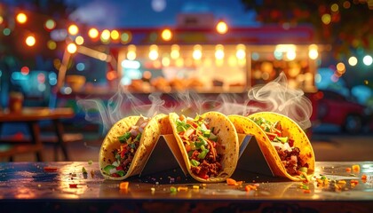 Delicious Street Tacos A Nighttime Culinary Delight with Warm Vapor and Festive Lights