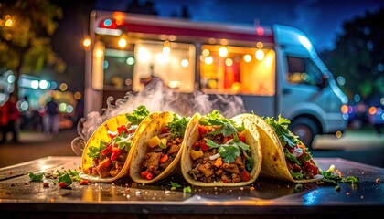 Delicious Tacos with Vibrant Toppings, Displayed on a Table in Front of a Food Truck at Night