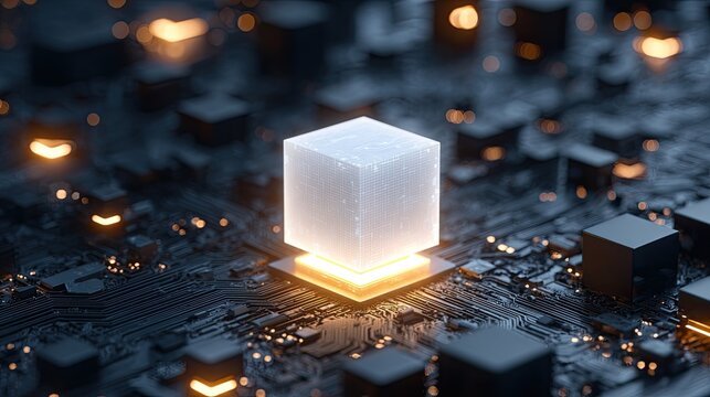 Glowing digital cube on futuristic circuit board representing artificial intelligence technology data processing and innovation concept