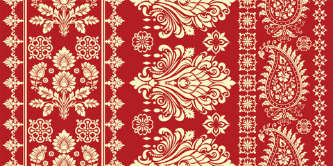 floral pattern vintage ethnic modern embroidery texture boho design vector illustration hand drawn pink flower motif branches leaves wallpaper seamless background border.	
