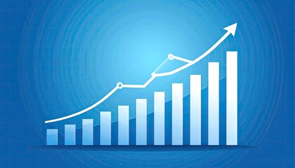 Rising bar graph with upward-curving line on blue