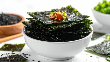A savory and healthy snack of crispy roasted seaweed sheets, seasoned with sesame seeds and served in a clean white bowl