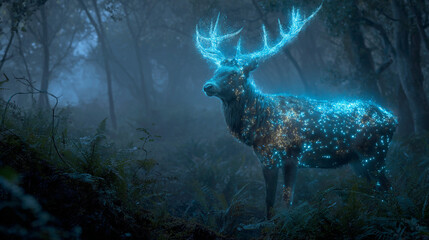 Mystical glowing stag in a foggy, enchanted forest at twilight