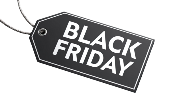 Black friday sale tag with white bold text on black background for shopping discount isolated on white background