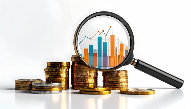 Coins, chart analysis with a magnifying glass, finance theme - Powered by Adobe