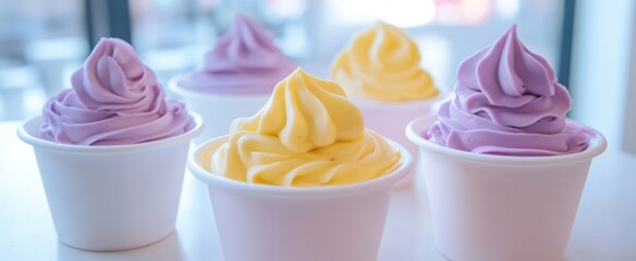 Vibrant Pastel Soft Serve Ice Cream Cups: Refreshing Purple and Yellow Swirls