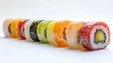 Vibrant Powder-Dusted Rainbow Sushi Rolls Artfully Arranged on White
