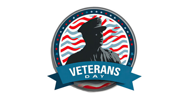Veterans day badge with soldier silhouette stars stripes and blue ribbon honoring military service isolated on white background