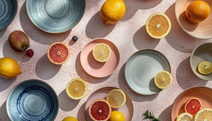 pastel color tone set of fruit in dish and bolw