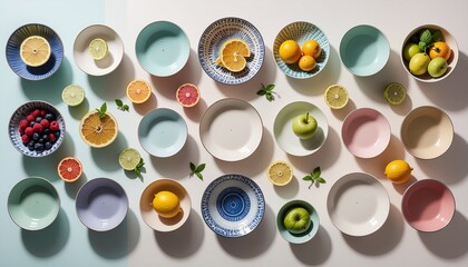 pastel color tone set of fruit in dish and bolw