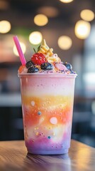 Vibrant Rainbow Layered Smoothie with Fresh Berries and Soft Serve Ice Cream Topping